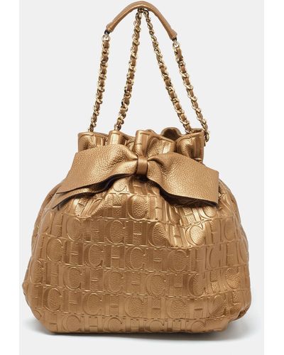 Carolina Herrera Ch Embossed Leather Bow Bucket Bag - Natural