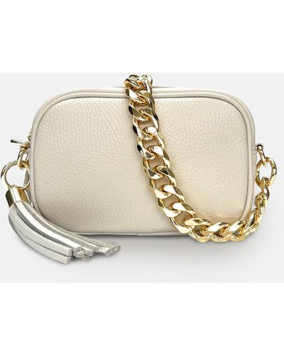 Apatchy London The Mini Tassel Stone Leather Phone Bag With Gold Chain Strap - Natural