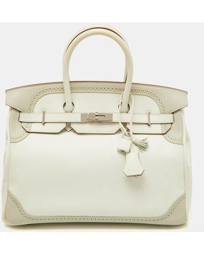 Hermès Blanc/gris Swift Leather Palladium Finish Ghillies Birkin 35 Bag - Natural