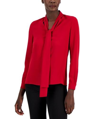 Anne Klein Long Sleeve Tie Neck Blouse - Red