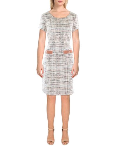 Connected Apparel Tweed Short Sleeves Shift Dress - White