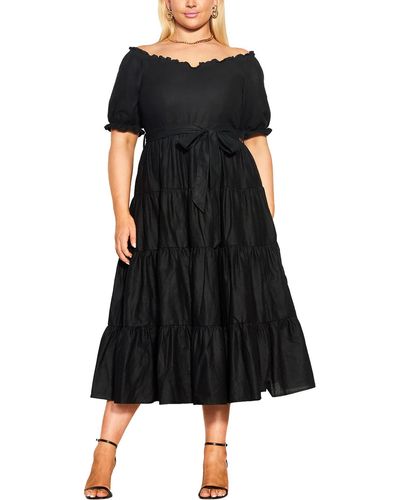 City Chic Plus Linen Blend Tiered Midi Dress - Black