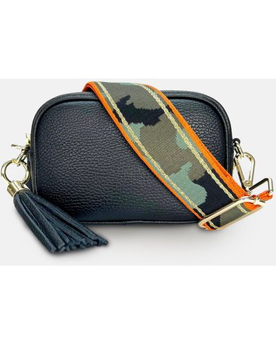 Apatchy London The Mini Tassel Leather Phone Bag With Orange & Gold Stripe Camo Strap - Blue