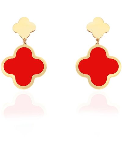 The Lovery Coral And Gold Clover Drop Earrings - Red