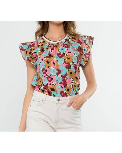 Thml Floral Flutter Sleeve Top In Multicolor - Gray