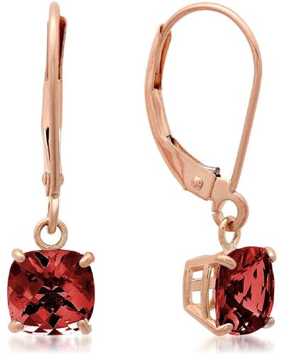 MAX + STONE 10k Rose Gold 6mm Cushon Checkerboard Cut Dangle Leverback Earrings - Red