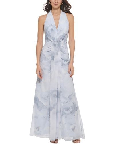 Calvin Klein Chiffon Floral Evening Dress - Blue