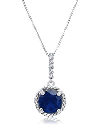 Nicole Miller Sterling Silver Round Cut Gemstone Roped Halo Pendant Necklace And Created White Sapphire Accents On 18 Inch Chain - Blue