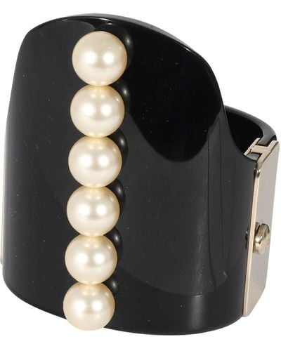 Chanel 2015 Gold Tone Resin Hinged Bangle Bracelet With Faux Pearls - Black