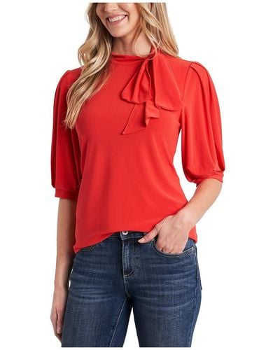 Cece Bow Neck Puff Sleeve Blouse - Red