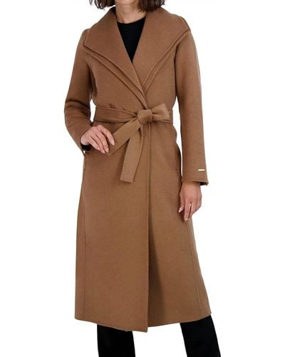 Tahari Maxi Double Face Belted Wrap Coat - Brown