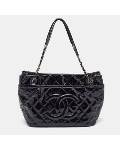 Chanel Quilted Patent Leather Cc Timeless Tote - Black