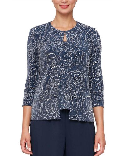 Alex Evenings Flower Printed Twinset With Hook Neck Closure Jacket - Blue