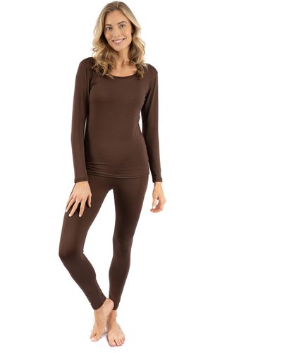 Leveret Two Piece Neutral Solid Thermal Pajamas - Brown