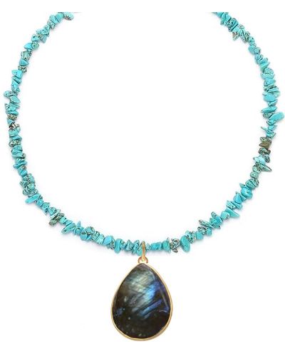Liv Oliver 18k Gold Turquoise & Labradorite Gemstone Pear Drop Necklace - Blue