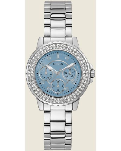Guess Factory Tone And Rhinestone Multifunction Watch - Blue