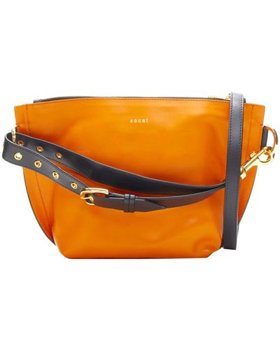 Sacai Leather Navy Belt Strap Gold Logo Crossbody Bag - Orange
