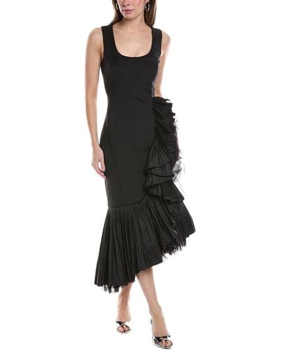 Badgley Mischka Pleated Flounce Midi Dress - Black