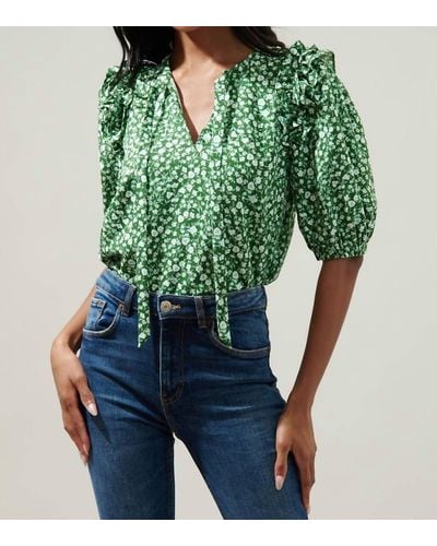 Sugarlips Adieu Floral Noche Tie Neck Blouse In Deep Forest - Green