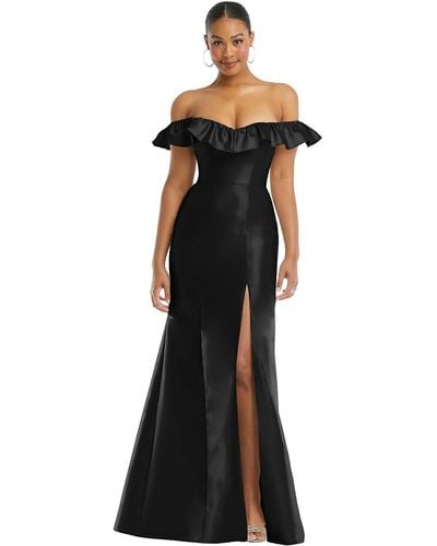Alfred Sung Off-the-shoulder Ruffle Neck Satin Trumpet Gown - Black