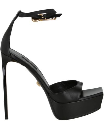 Versace Safety Pin Leather Heeled Sandals - Black