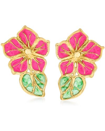 Ross-Simons Italian Pink And Green Enamel Flower Earrings