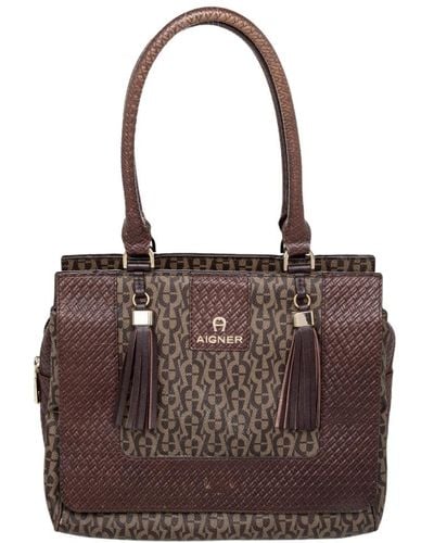 Aigner Signature Canvas And Leather Tassel Satchel - Brown