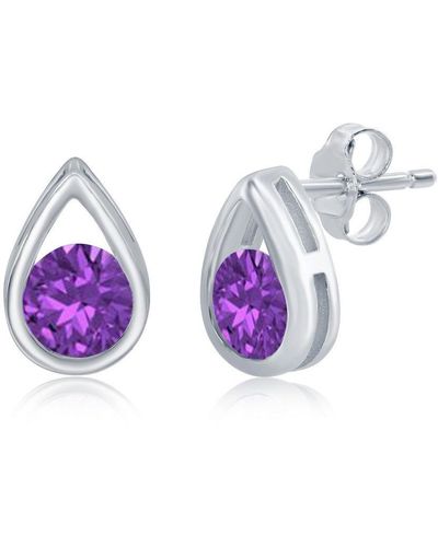 Simona Sterling Silver Pearshaped Earrings W/round 'february Birthstone' Gemstone Studs - Amethyst - Purple