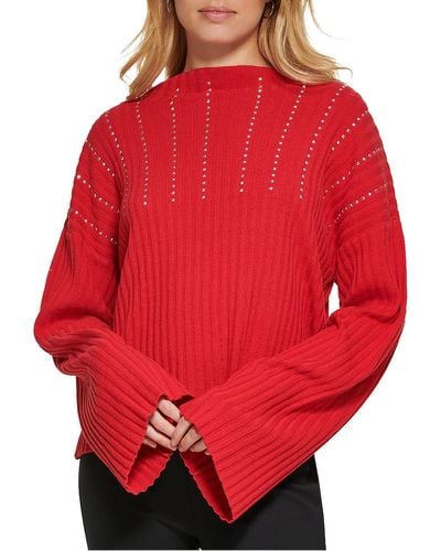 DKNY Embellished Cotton Pullover Sweater - Red