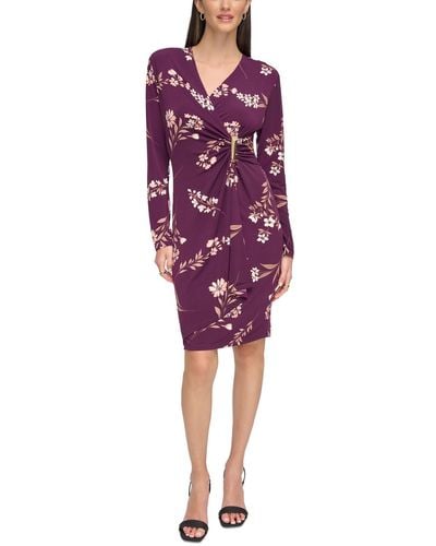 Calvin Klein Floral Print Polyester Wrap Dress - Purple