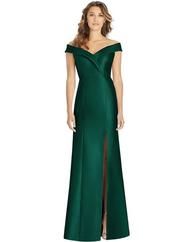 Alfred Sung Off-the-shoulder Cuff Trumpet Gown With Front Slit - Green