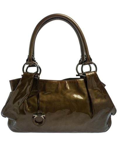 Ferragamo Olive Patent Leather Shoulder Bag - Brown