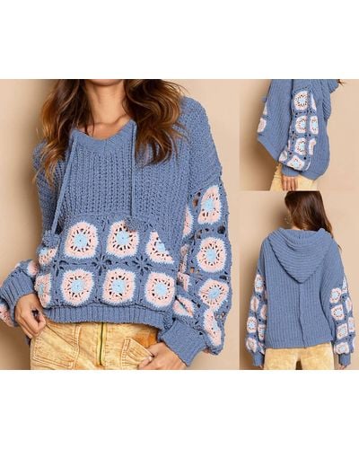 Pol Hand Knit Square Patch Sleeves Hooded Sweater - Blue