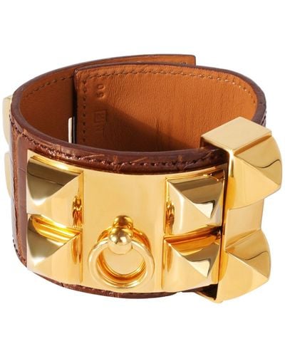 Hermès Collier De Chien Leather Gold Tone Cuff - Orange