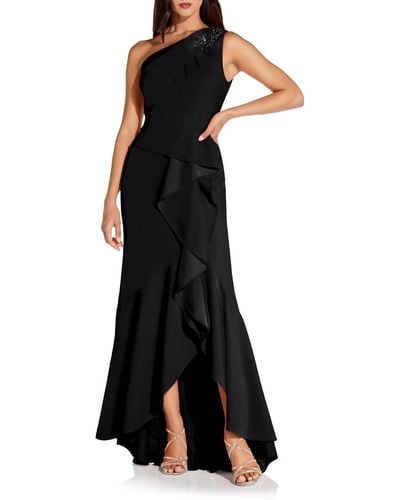 Adrianna Papell One-shoulder Beaded Ruffled Gown - Black