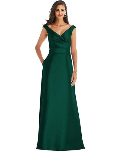 Alfred Sung Off-the-shoulder Draped Wrap Satin Maxi Dress - Green