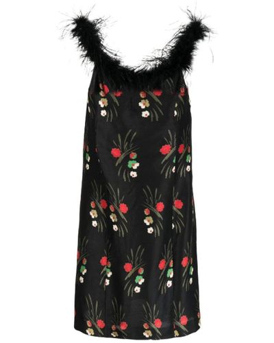 RIXO London Floral-print Feather-trim Mini Dress - Black