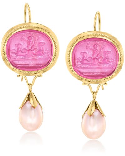Ross-Simons Italian 10-11mm Cultured Pearl And Venetian Glass Intaglio Drop Earrings - Pink