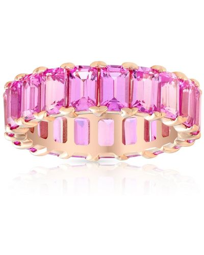Pompeii3 5x3mm Simulated Pink Sapphire Emerald Cut Eternity Ring Solid 10k Rose Gold