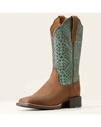 Ariat Round Up Wide Square Toe Western Boot In Old Earth - Green