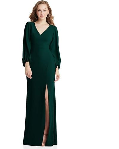 Dessy Collection Long Puff Sleeve V-neck Trumpet Gown - Green