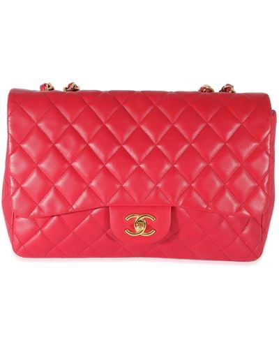 Chanel Dark Pink Lambskin Jumbo Single Flap Bag - Red