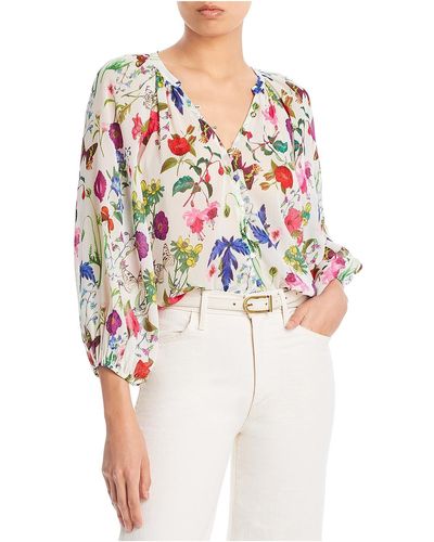 L'Agence Bishop Sleeve Floral Print Button-down Top - White