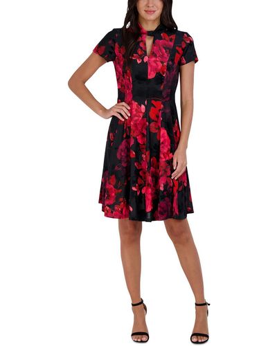 Signature By Robbie Bee Petites Floral Print Cut Out Fit & Flare Dress - Red