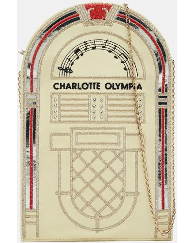 Charlotte Olympia Patent Leather Embroidered Chain Clutch - Natural