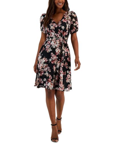 Connected Apparel Swiss Dot Floral Fit & Flare Dress - Black