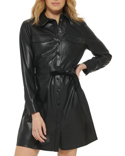 DKNY Faux Leather Mini Shirtdress - Black