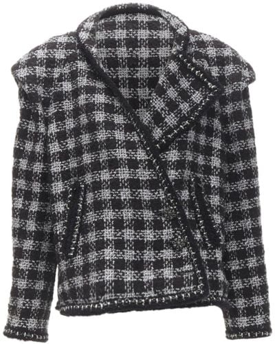 Chanel 11a Fantasy Tweed Silver Checkered Asymmetric Collar Jacket - Gray