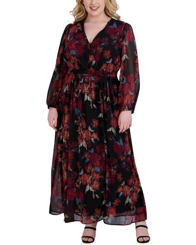 Signature By Robbie Bee Plus Chiffon Printed Maxi Dress - Red