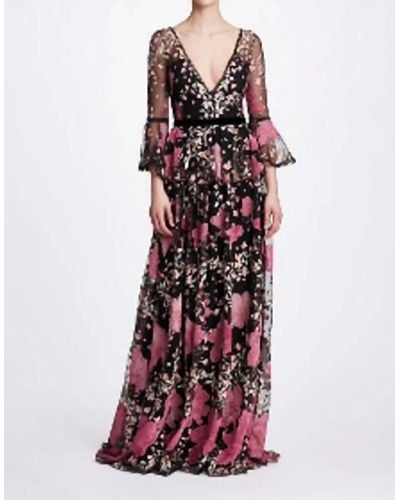 Marchesa Bell Sleeve V Neck Floral Gown - Purple